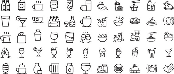 Alcoholic cocktails icons set. Simple outline cocktails icons isolated on white background. Set includes beer, mojito, whiskey. Icons set for restaurant, pub, bar. Vector illustration