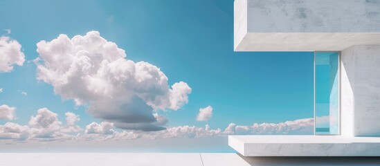 Minimalist modern architecture with a white concrete wall and an open window overlooking a blue sky and clouds, set against a summer sky backdrop.