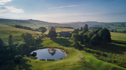 A drone shot capturing the picturesque landscape surrounding a secluded countryside estate, complete with rolling hills and a tranquil pond. - Powered by Adobe