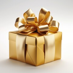 Golden gift box with gold ribbons and elegant bow isolated on wite background, close up
