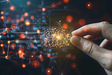The image portrays a hand holding up a card with a complex, glowing QR code.