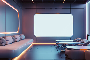 A futuristic pod-style apartment with modular furniture and LED lighting, highlighting an empty wall for a customizable digital display.