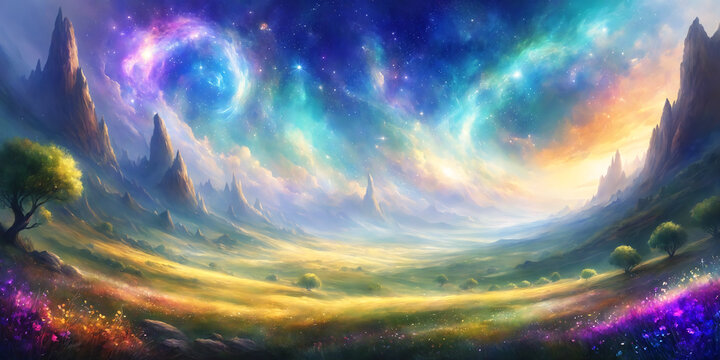 Cosmic harmony: an artistic representation of a radiant night, with colorful lights painting the skies above fantasy mountains and illuminating the lush flowers below