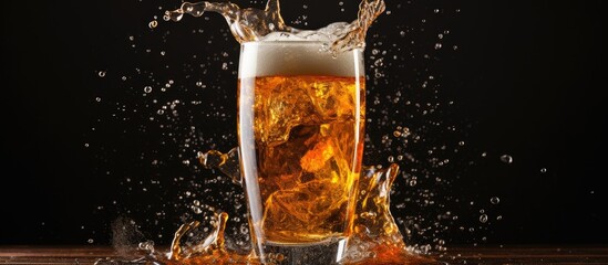 A glass of beer is spilling onto a table, creating a small puddle of liquid. The event is a casual gathering where food and drinks are being enjoyed - obrazy, fototapety, plakaty