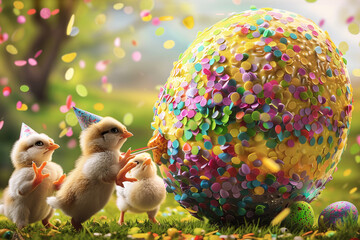 A group of baby chicks wearing tiny party hats peck at a giant, colorful Easter egg confetti pi?+/-ata. - obrazy, fototapety, plakaty