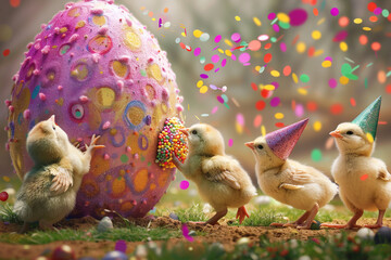A group of baby chicks wearing tiny party hats peck at a giant, colorful Easter egg confetti pi?+/-ata. - obrazy, fototapety, plakaty