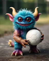 Naklejka premium Cute little 3d monster with playing ball, for characters design, for ilustrations design, for 3d design.
