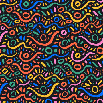 Colorful messy doodles seamless pattern. Brush drawn wavy lines and circles with small brush strokes.