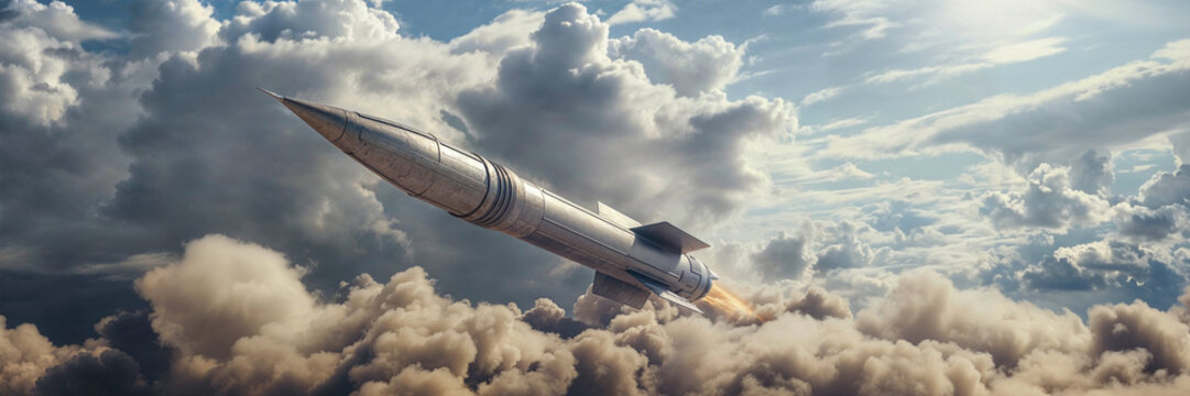 military missile attack launch breakthrough the clouds in the sky for space exploration astronomy or ballistic rockets and air defense systems concepts