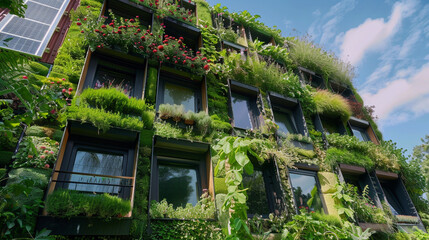 A high-tech, energy-efficient home with a facade adorned with vertical gardens and solar panels.