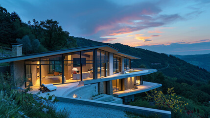 A hilltop modernist villa with wrap-around windows offering panoramic views of the valley below.