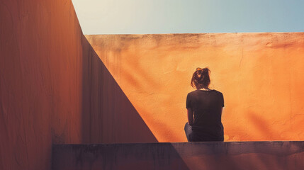 a lonely woman sitting on the terrace and thinking her future, shadow on the orange color wall