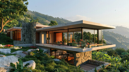 Fototapeta na wymiar A hilltop modernist villa with wrap-around windows offering panoramic views of the valley below.