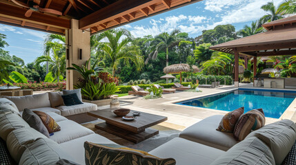 A luxury villa with a sprawling outdoor living space, complete with a pool and lush landscaping.