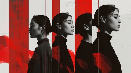 Artistic portrait with multiple exposure of a woman with a vibrant red overlay