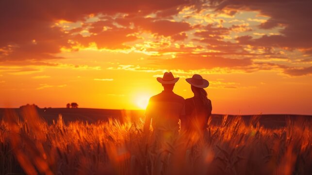 A warm image of a couple embracing while watching a dramatic sunset over a field, embodying love and companionship