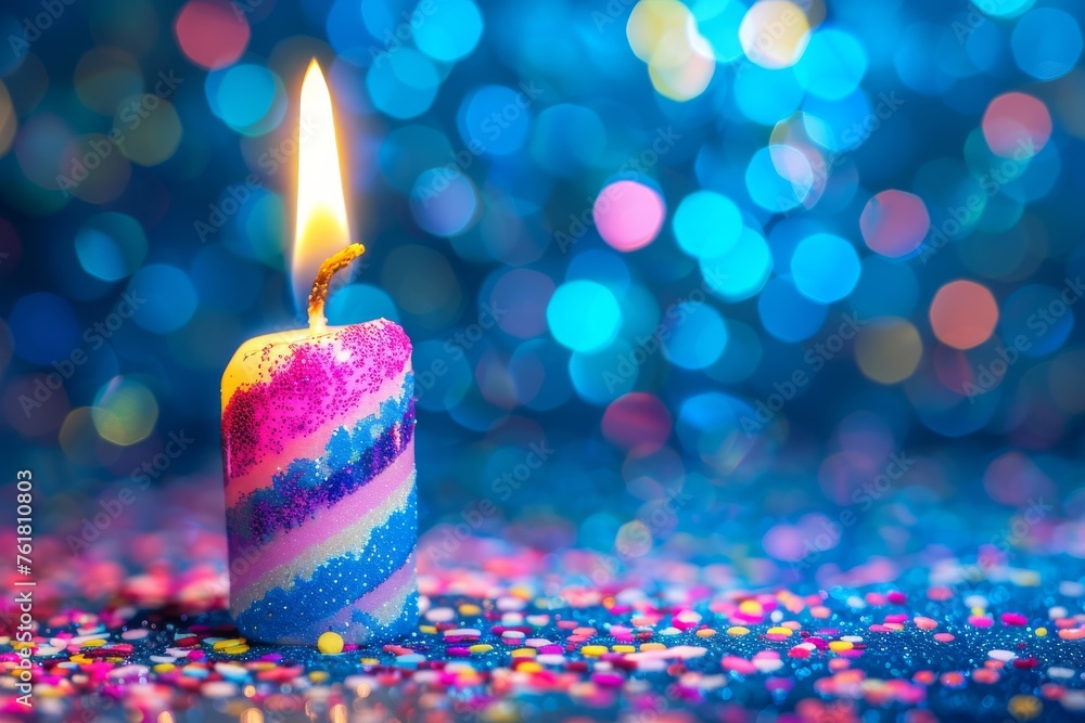 Poster a festive image capturing a vibrant candle with a lively flame against a bokeh background sprinkled 