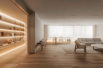 A minimalist apartment with empty walls, illuminated by natural light, showcasing sleek furniture and a cozy reading nook.