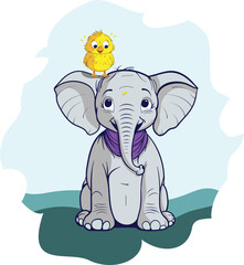 Baby Elephant with a baby bird on his shoulder. Friendly Animals.