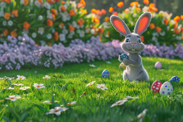 A mischievous bunny hiding Easter eggs in a lush green lawn with a backdrop of blooming flowers,