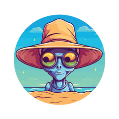 Hype alien wearing bucket hat on the beach