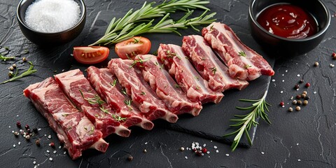A juicy raw pork rib on a clean surface, waiting to be prepared. Fresh pork displays its natural texture and tone on a dark surface. - obrazy, fototapety, plakaty