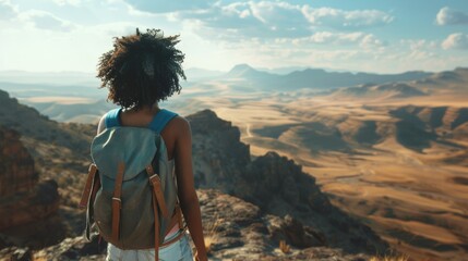 A lone person with a backpack peers into the endless desert expanse from a high vantage point, evoking a sense of adventure - obrazy, fototapety, plakaty