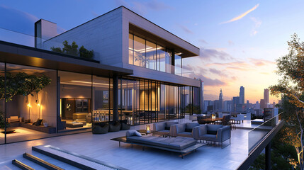 A modernist cube-style residence featuring a rooftop terrace and panoramic city skyline views.