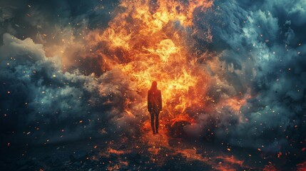A person standing in front of a fire and clouds, AI - obrazy, fototapety, plakaty