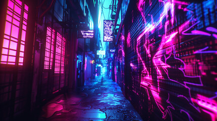 A neon-lit alleyway in a cyberpunk city, with holographic graffiti casting eerie shadows on the walls.