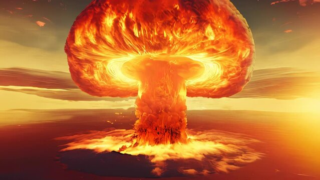 A devastating nuclear blast transforms the skyline, giving rise to a fiery mushroom cloud in an apocalyptic war scenario, as witnessed from an aerial perspective. AI-generated.