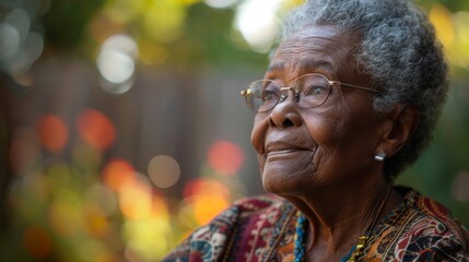 A senior woman is in focus against a blurred autumnal background, face obscured, exuding graceful aging