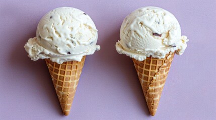 two scoops of ice cream sitting on top of each other on top of a purple surface in front of a purple background.