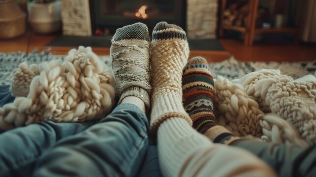 A couple enjoys a cozy winter's day indoors, with socks and woolen stockings on, indulged in movies or series, highlighting a modern leisure scene