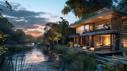 A riverside retreat with a contemporary design, blending seamlessly with its natural surroundings. - Powered by Adobe