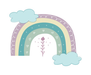 Hand drawn trendy rainbow decorated with flower and clouds. Scandinavian rainbow. Cute decoration. Vector illustration
