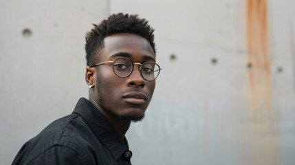 A close-up portrait of a contemplative young African man with stylish glasses and casual attire - obrazy, fototapety, plakaty