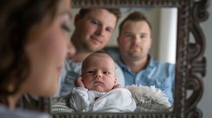 Obraz premium An intimate moment of a family with their baby, reflected in an ornate mirror in a warmly lit room