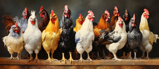 A group of chickens, members of the Phasianidae family under the Galliformes order, stand side by side on a wooden shelf, displaying their vibrant combs and colorful feathers