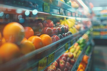 Fruits and vegetables in the shelf of a supermarket - obrazy, fototapety, plakaty