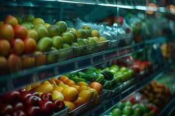 Fruits and vegetables in the shelf of a supermarket - obrazy, fototapety, plakaty