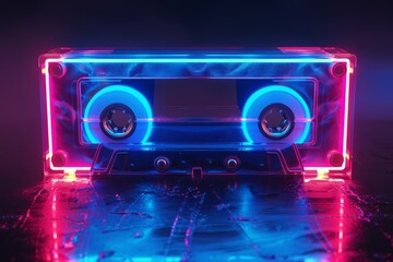Fototapeta na wymiar glowing neon retro audio cassette