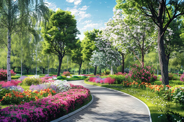 Obraz premium A serene summer park landscape adorned with towering trees, colorful blooms, and meandering pathways, offering an idyllic setting for any digital project.