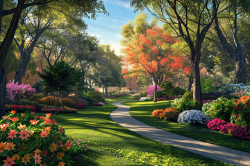 A serene summer park landscape adorned with towering trees, colorful blooms, and meandering pathways, offering an idyllic setting for any digital project.