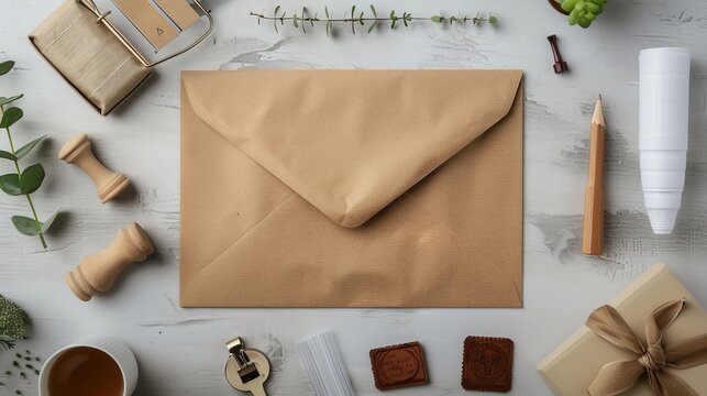A kraft envelope labeled 'Request for proposals,' accompanied by office items and a rubber stamp, embodying the RFP process