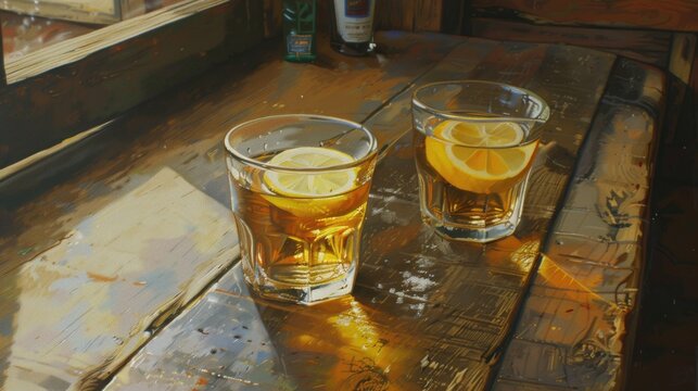 a painting of two glasses of lemonade on a table with a bottle of booze and a can of booze in the background.