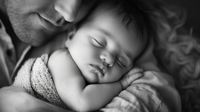 The monochrome image highlights a father's tender embrace with his baby portraying deep emotional connection