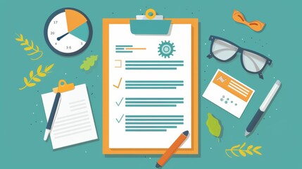 A modern flat design of a clipboard, complete with document and pen, illustrating various business concepts like form filling and reporting - obrazy, fototapety, plakaty