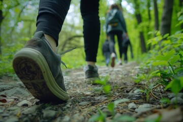 tourists walk along the path of the summer forest, feet close-up