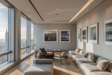 Fototapeta premium A sleek urban penthouse with panoramic city views and contemporary furnishings, featuring an empty wall awaiting a collection of framed photography.